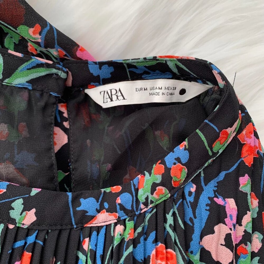 Zara - Black Floral Pleated Chiffon Swing Dress S… - image 6